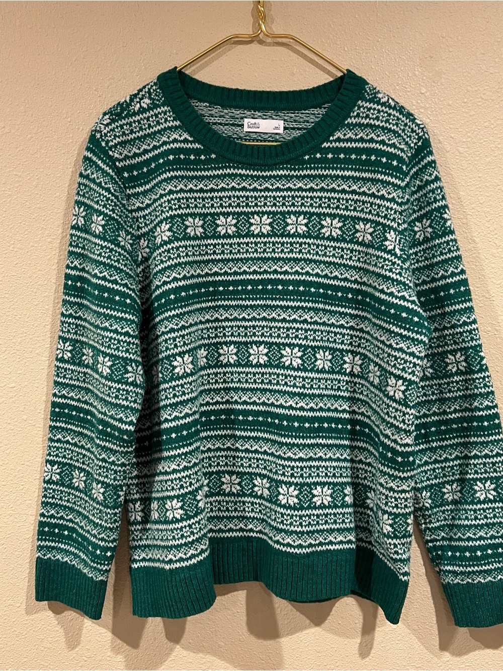 green Fair Isle crewneck knit festive snowflake sweater Croft & Barrow size L
